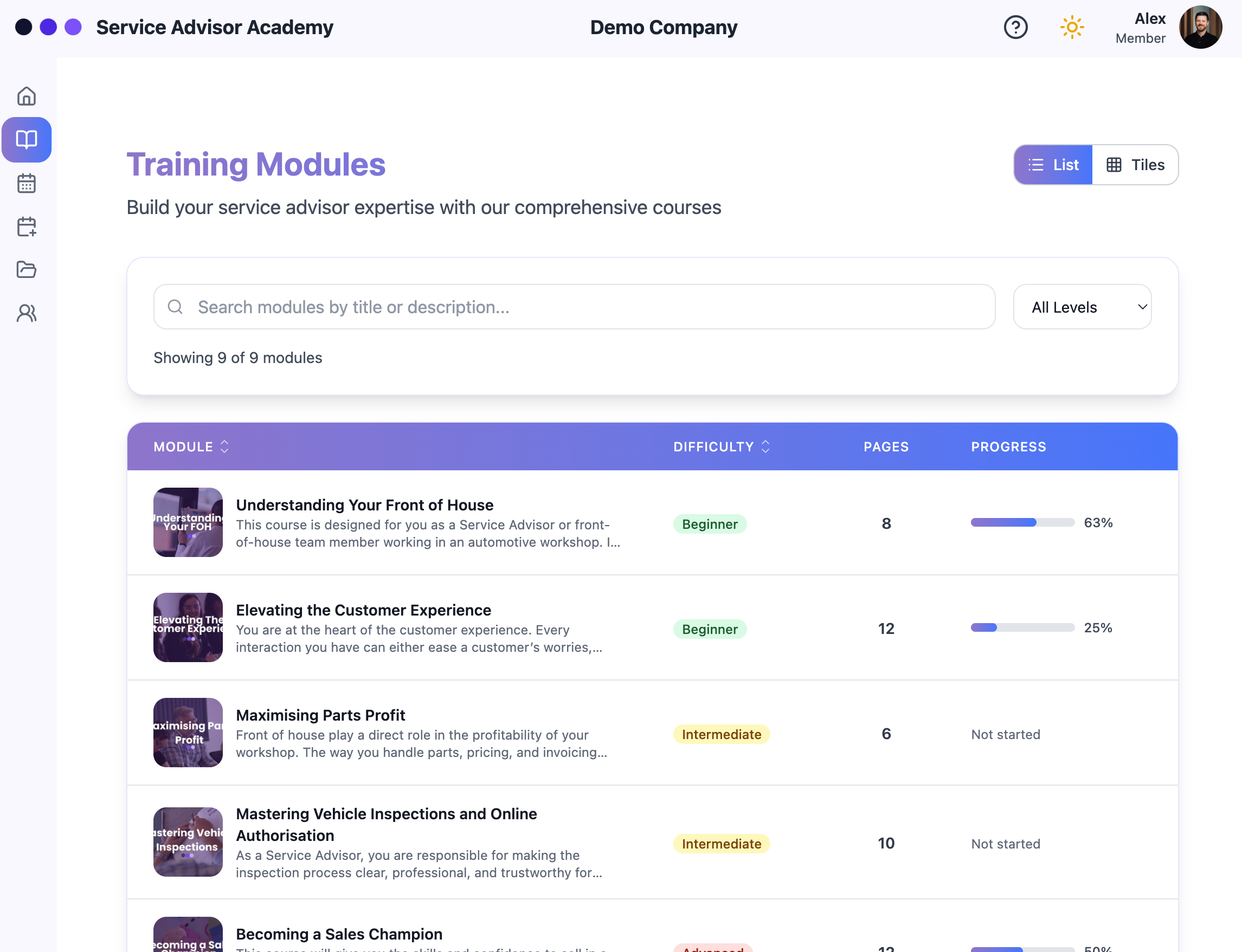 Service Advisor Academy mobile app interface